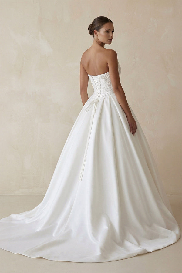 3D Floral Strapless Corset Satin Wedding Gown in White - SHE IS ME Wedding Dresses