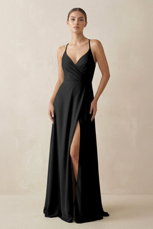 A - Line Chiffon Long Bridesmaid Dress With Slit in Black - SHE IS ME