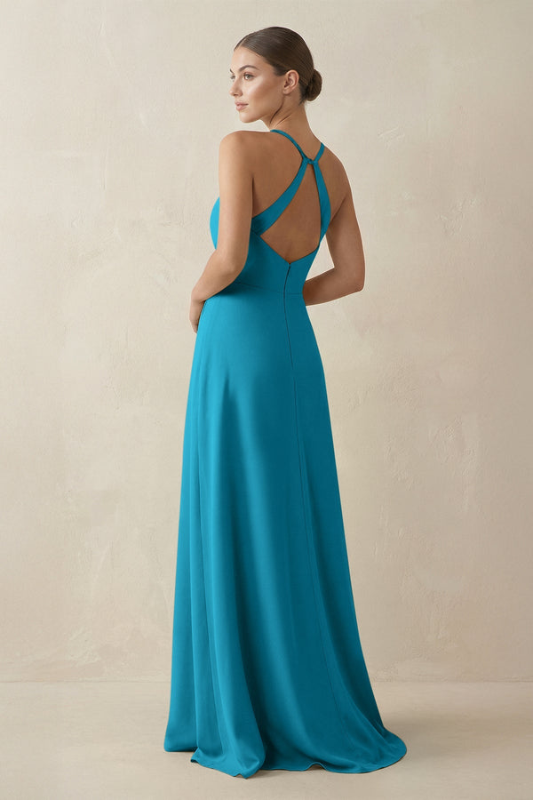 A - Line Chiffon Long Bridesmaid Dress With Slit in Blue Jay - SHE IS ME