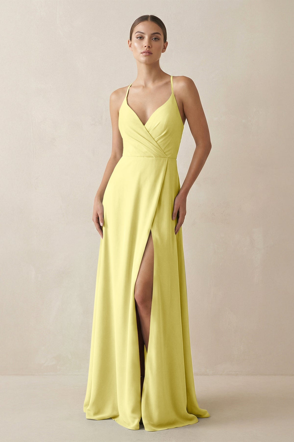 A - Line Chiffon Long Bridesmaid Dress With Slit in Buttercup - SHE IS ME