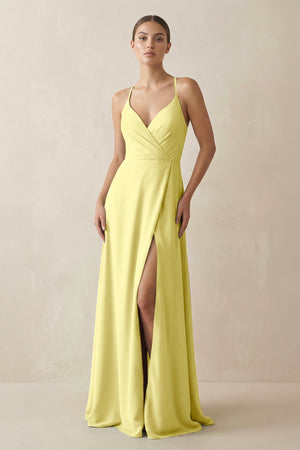 A - Line Chiffon Long Bridesmaid Dress With Slit in Buttercup - SHE IS ME