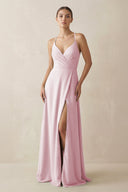 A - Line Chiffon Long Bridesmaid Dress With Slit in Candy Pink - SHE IS ME
