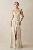 A - Line Chiffon Long Bridesmaid Dress With Slit in Champagne - SHE IS ME