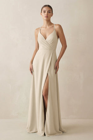 A - Line Chiffon Long Bridesmaid Dress With Slit in Champagne - SHE IS ME
