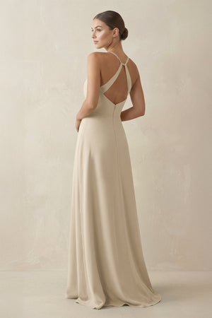 A - Line Chiffon Long Bridesmaid Dress With Slit in Champagne - SHE IS ME