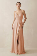 A - Line Chiffon Long Bridesmaid Dress With Slit in Champagne Rose - SHE IS ME