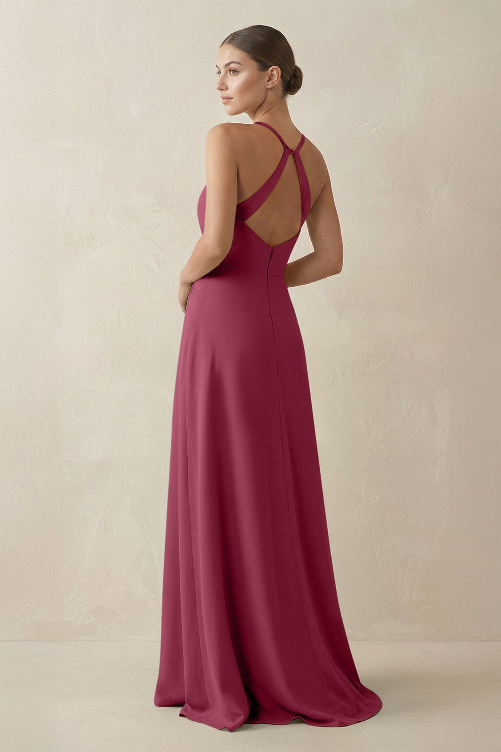 A - Line Chiffon Long Bridesmaid Dress With Slit in Desert Rose - SHE IS ME