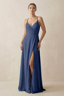 A - Line Chiffon Long Bridesmaid Dress With Slit in Navy - SHE IS ME