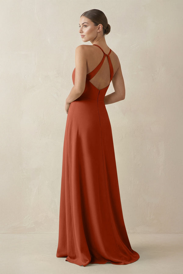 A - Line Chiffon Long Bridesmaid Dress With Slit in Spice - SHE IS ME