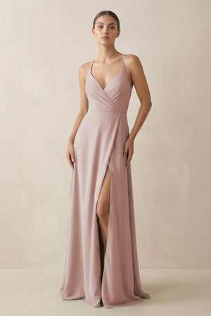 A - Line Chiffon Long Bridesmaid Dress With Slit in Toffee - SHE IS ME