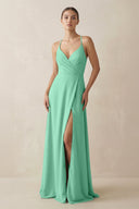 A - Line Chiffon Long Bridesmaid Dress With Slit in Turquoise - SHE IS ME