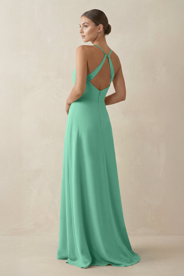 A - Line Chiffon Long Bridesmaid Dress With Slit in Turquoise - SHE IS ME