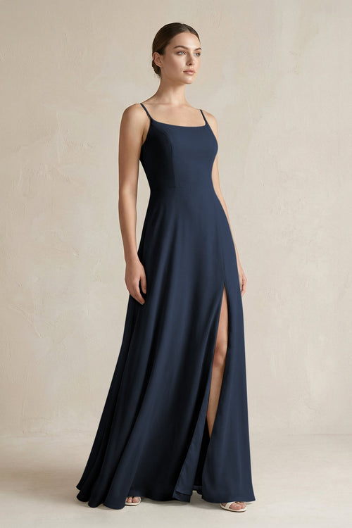 A - Line Chiffon Spaghetti Strap Bridesmaid Dress in Dark Navy - SHE IS ME Bridesmaid Dresses