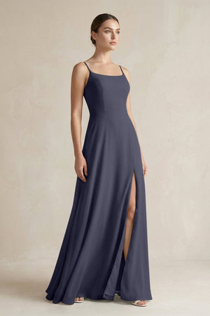 A - Line Chiffon Spaghetti Strap Bridesmaid Dress in Dusk Blue - SHE IS ME Bridesmaid Dresses