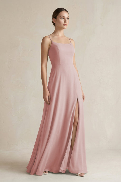 A - Line Chiffon Spaghetti Strap Bridesmaid Dress in Dusty Rose - SHE IS ME Bridesmaid Dresses