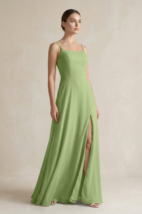 A - Line Chiffon Spaghetti Strap Bridesmaid Dress in Matcha - SHE IS ME Bridesmaid Dresses