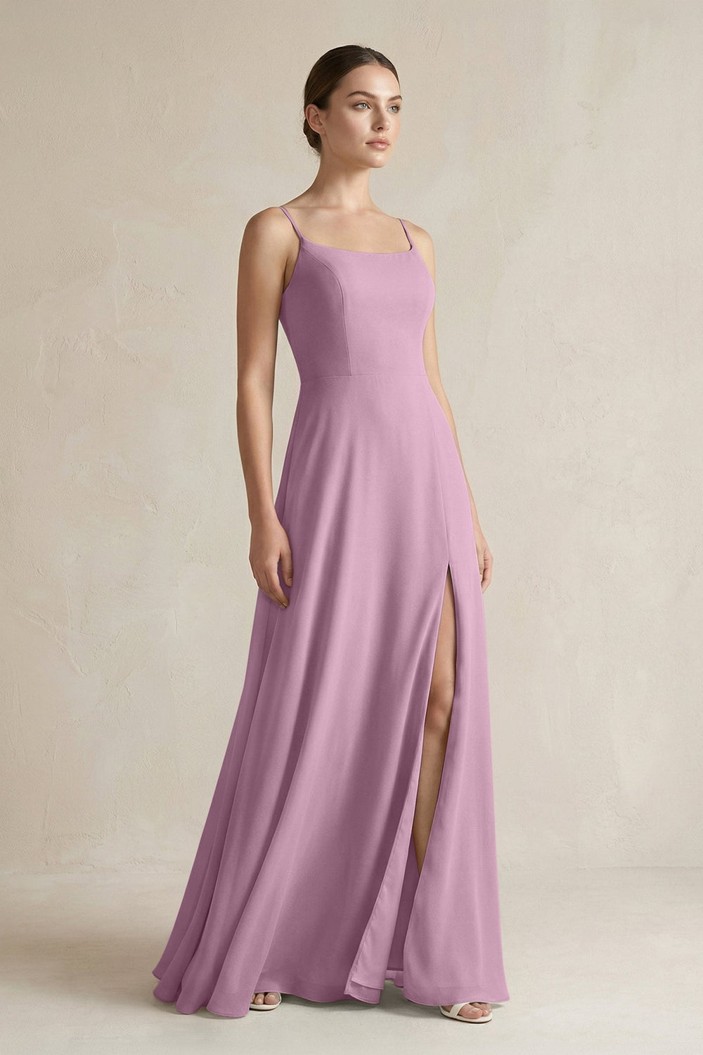 A - Line Chiffon Spaghetti Strap Bridesmaid Dress in Wisteria - SHE IS ME Bridesmaid Dresses