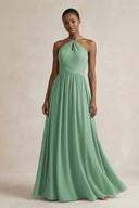 A - Line Halter Chiffon Ruched Bridesmaid Dress in Sea Glass - SHE IS ME Bridesmaid Dresses