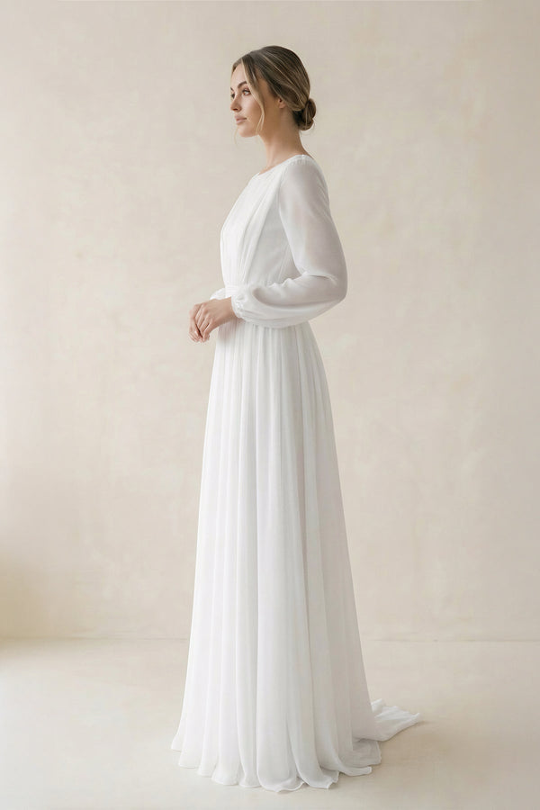 A - Line Illusion Neck Chiffon Wedding Dresses in White - SHE IS ME Wedding Dresses