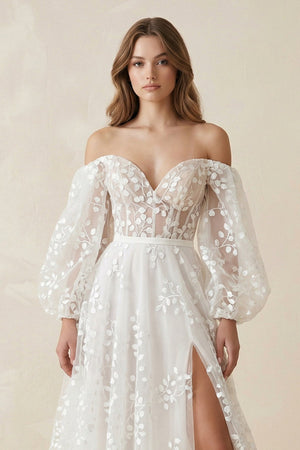 A - Line Ivory Off - the - Shoulder Lace Wedding Dress - SHE IS ME Wedding Dresses