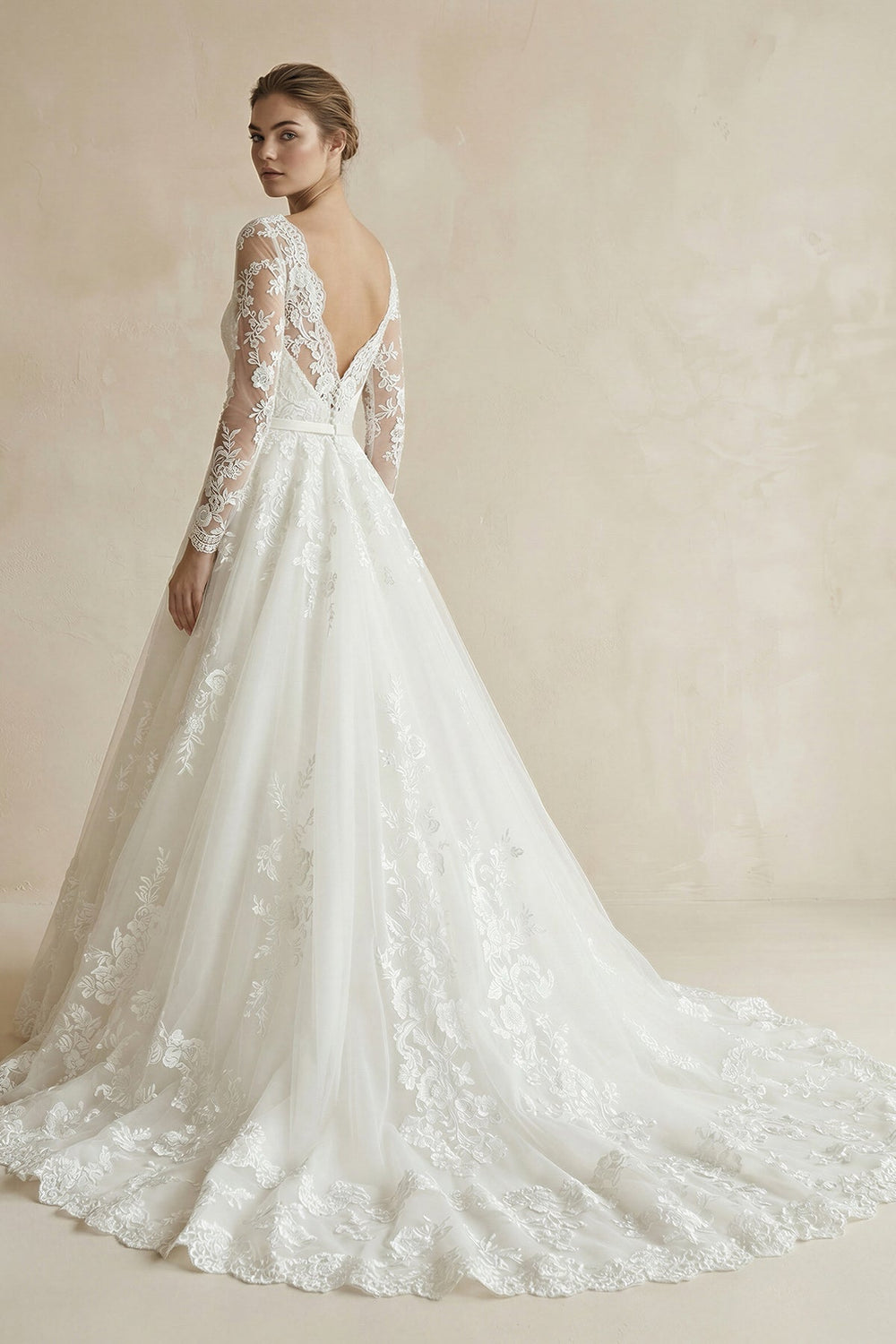 A Line Lace Long Sleeves Wedding Dress With Bow in Ivory - SHE IS ME Wedding Dresses