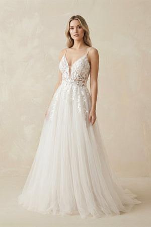A Line Lace Tulle V - neck Sleeveless Wedding Dress in Ivory - SHE IS ME Wedding Dresses