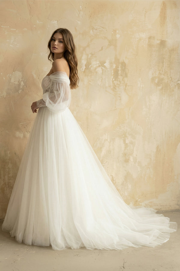 A Line Long Sleeves Tulle Wedding Dress With Appliques in Ivory - SHE IS ME Wedding Dresses