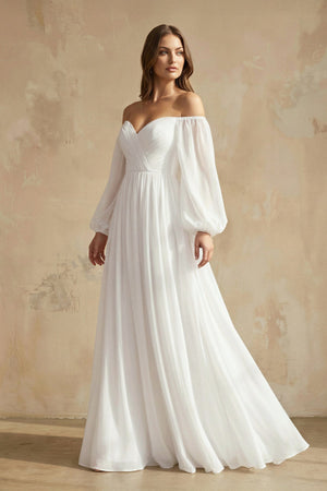 A Line Off The Shoulder Long Sleeves Chiffon Wedding Dress in White - SHE IS ME Wedding Dresses