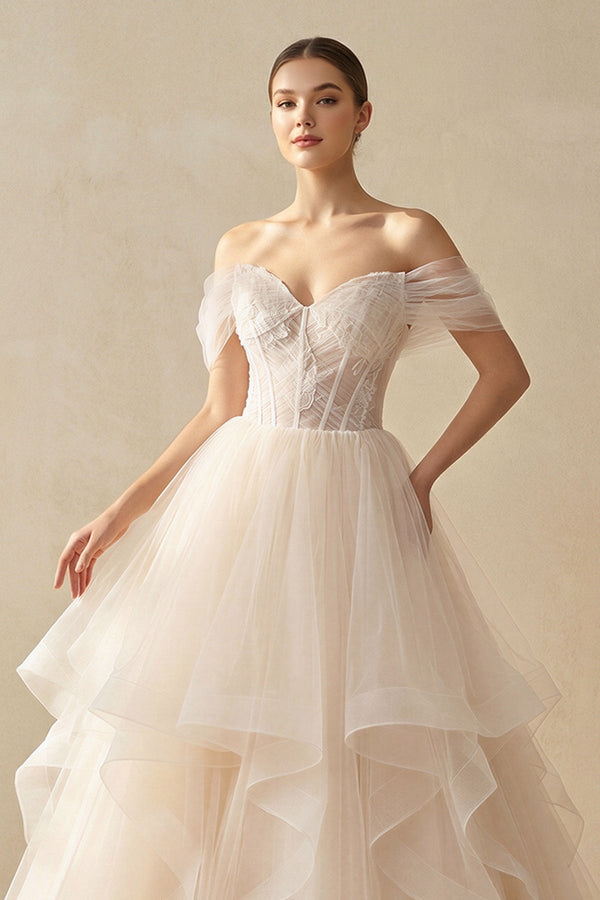 A - Line Off - the - Shoulder Tulle Wedding Dress - SHE IS ME Wedding Dresses