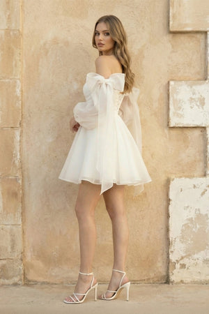 A Line Organza Long Sleeves Wedding Dress in White - SHE IS ME Wedding Dresses