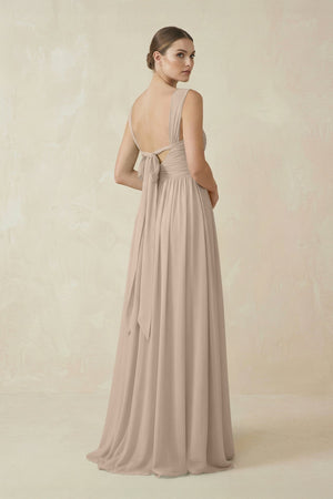 A - Line Pleated Chiffon Long Bridesmaid Dress in Almond - SHE IS ME Bridesmaid Dresses