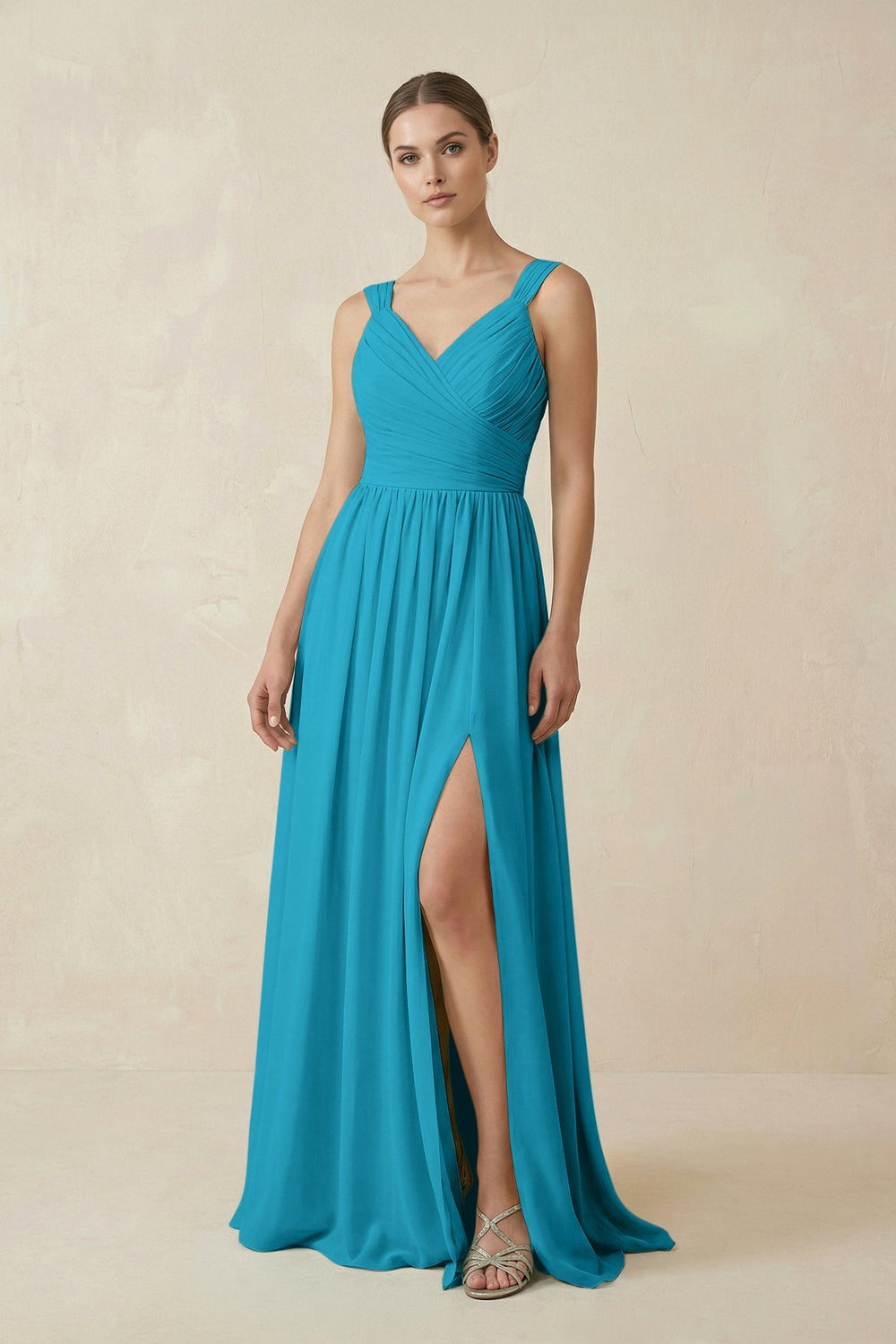 A - Line Pleated Chiffon Long Bridesmaid Dress in Blue Jay - SHE IS ME Bridesmaid Dresses