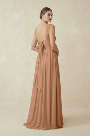 A - Line Pleated Chiffon Long Bridesmaid Dress in Bronzer - SHE IS ME Bridesmaid Dresses