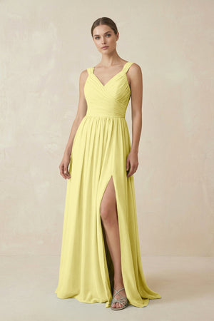 A - Line Pleated Chiffon Long Bridesmaid Dress in Buttercup - SHE IS ME Bridesmaid Dresses