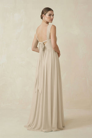 A - Line Pleated Chiffon Long Bridesmaid Dress in Champagne - SHE IS ME Bridesmaid Dresses