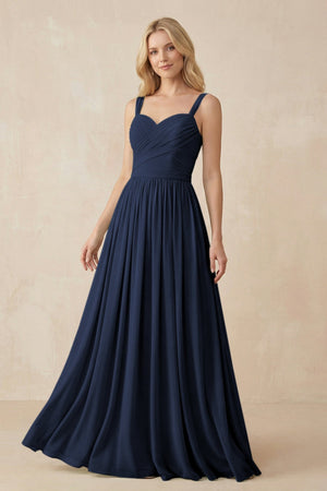 A - Line Pleated Chiffon Long Bridesmaid Dress in Dark Navy - SHE IS ME Bridesmaid Dresses