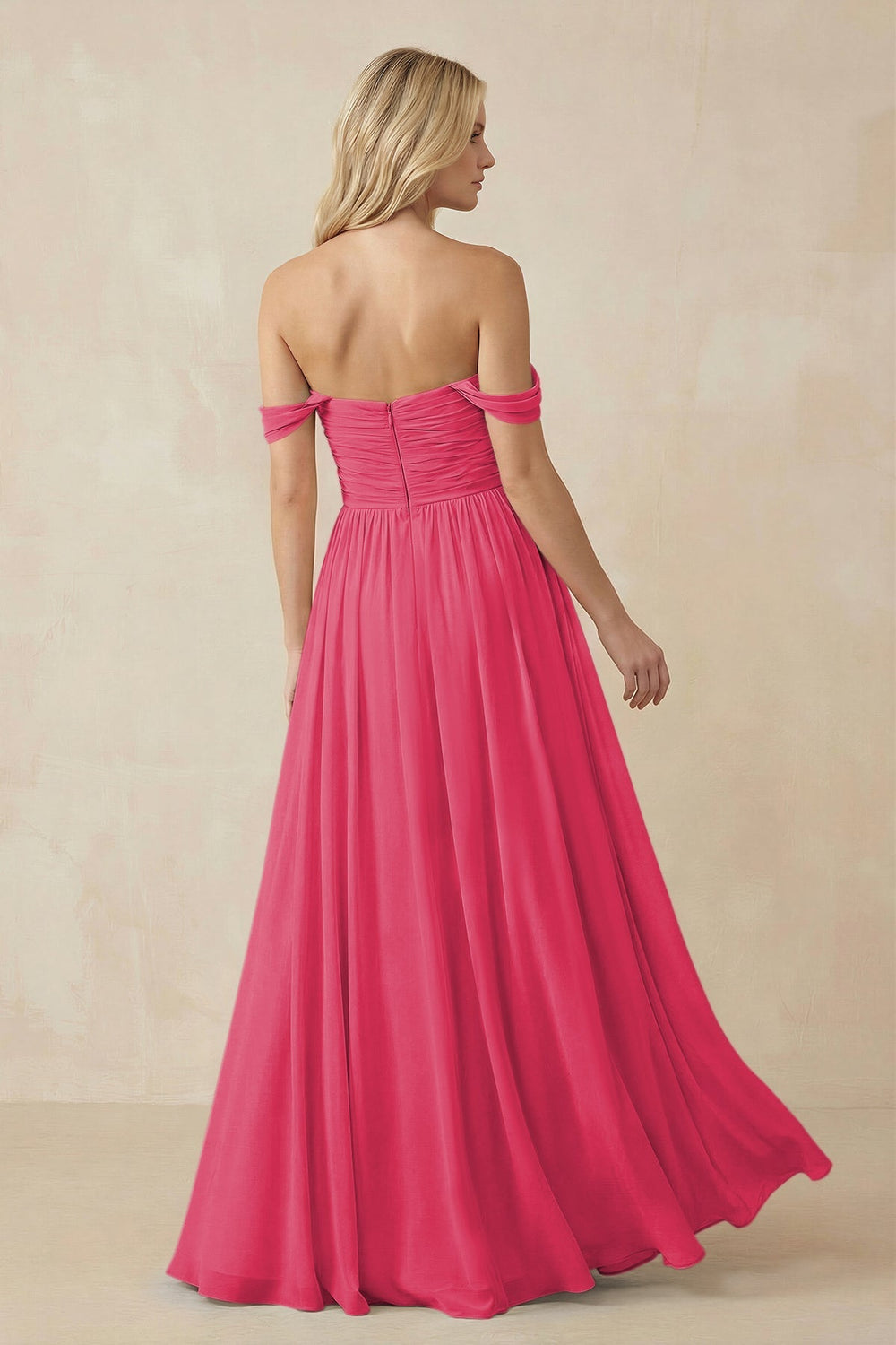 A - Line Pleated Chiffon Long Bridesmaid Dress in Fuchsia - SHE IS ME Bridesmaid Dresses