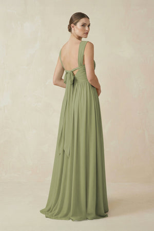 A - Line Pleated Chiffon Long Bridesmaid Dress in Moss Green - SHE IS ME Bridesmaid Dresses