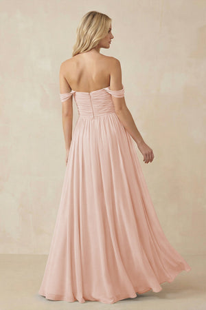 A - Line Pleated Chiffon Long Bridesmaid Dress in Pale Blush - SHE IS ME Bridesmaid Dresses