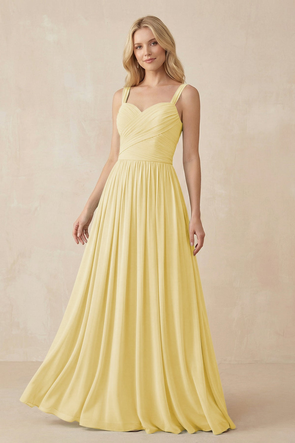 A - Line Pleated Chiffon Long Bridesmaid Dress in Pastel Yellow - SHE IS ME Bridesmaid Dresses