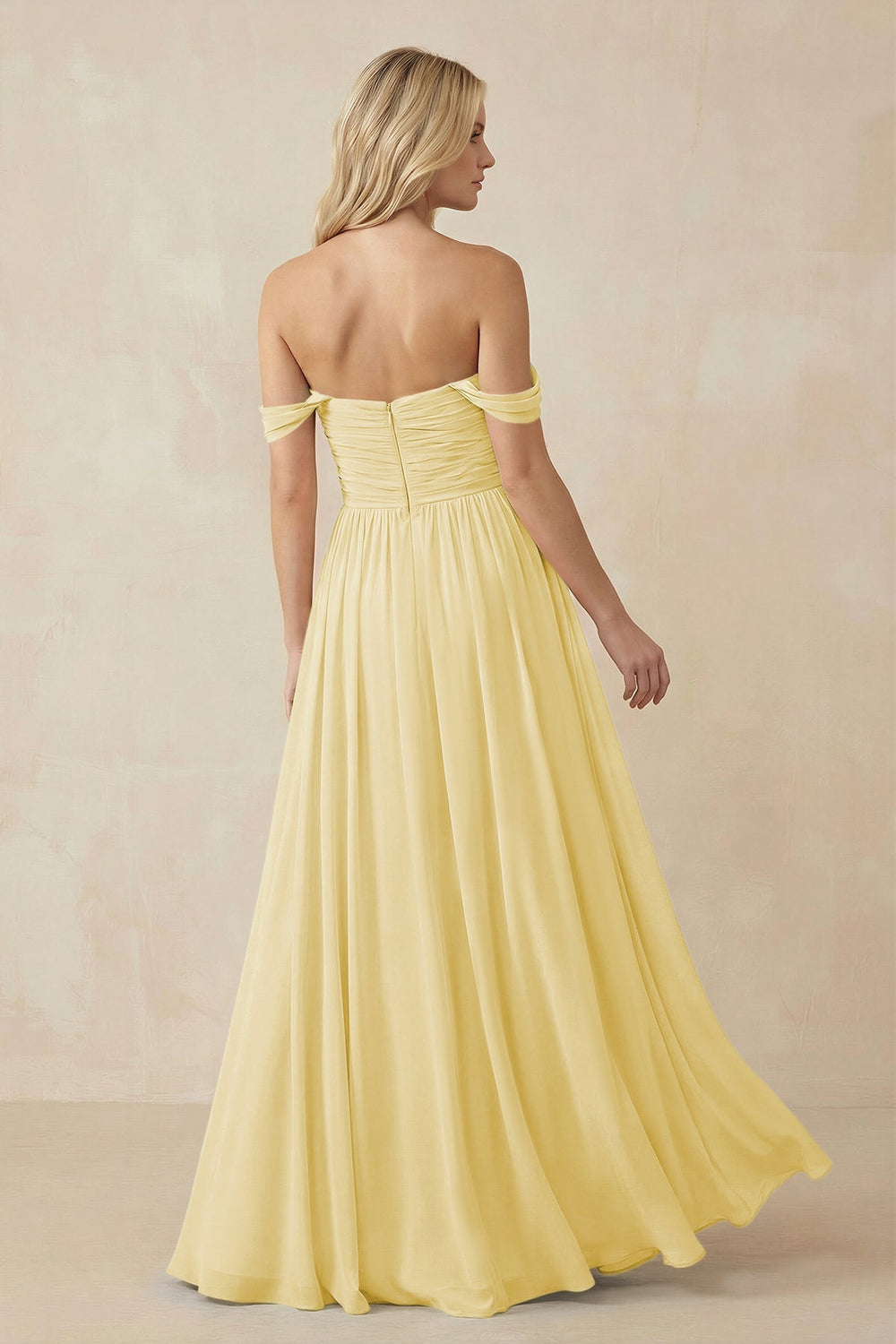 A - Line Pleated Chiffon Long Bridesmaid Dress in Pastel Yellow - SHE IS ME Bridesmaid Dresses