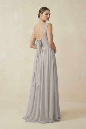 A - Line Pleated Chiffon Long Bridesmaid Dress in Silver - SHE IS ME Bridesmaid Dresses
