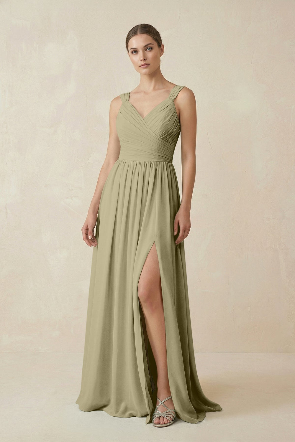 A - Line Pleated Chiffon Long Bridesmaid Dress in Thyme - SHE IS ME Bridesmaid Dresses