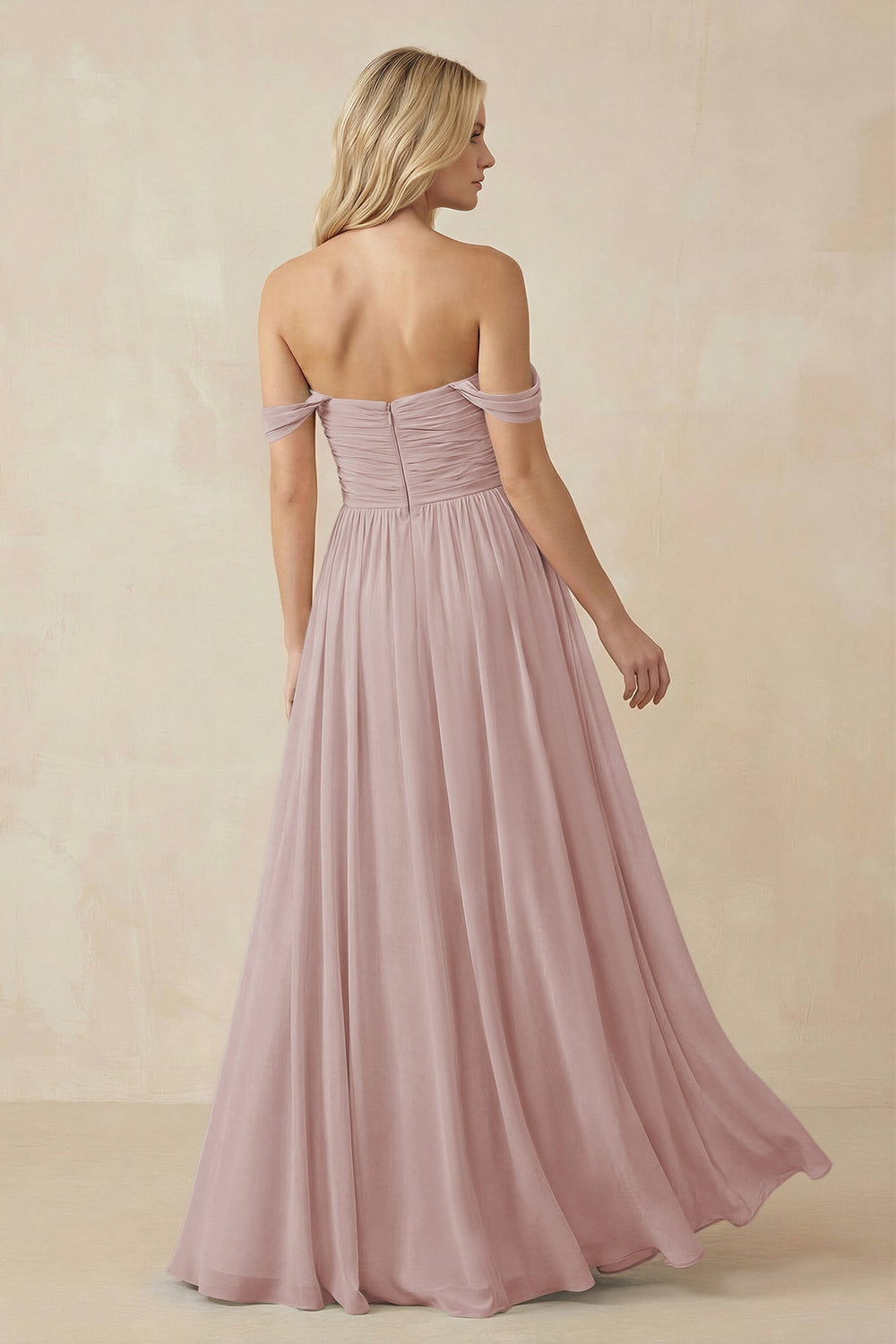 A - Line Pleated Chiffon Long Bridesmaid Dress in Toffee - SHE IS ME Bridesmaid Dresses