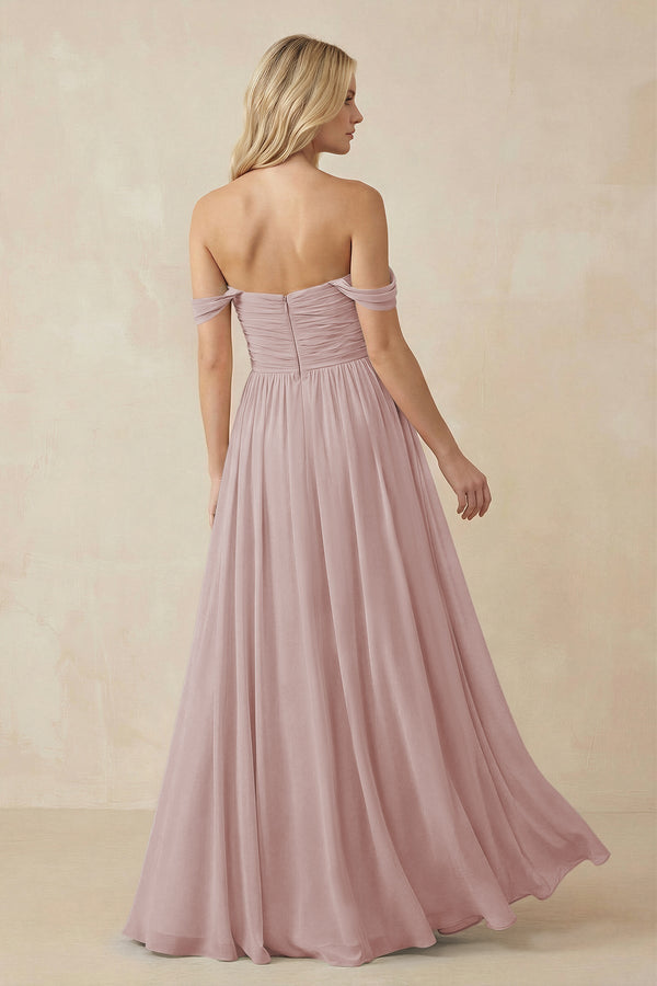 A - Line Pleated Chiffon Long Bridesmaid Dress in Toffee - SHE IS ME Bridesmaid Dresses