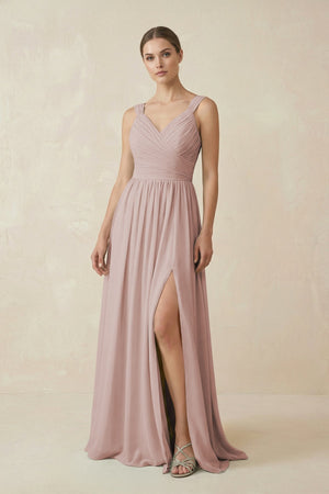 A - Line Pleated Chiffon Long Bridesmaid Dress in Toffee - SHE IS ME Bridesmaid Dresses