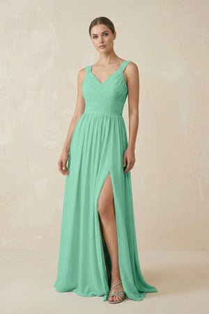 A - Line Pleated Chiffon Long Bridesmaid Dress in Turquoise - SHE IS ME Bridesmaid Dresses