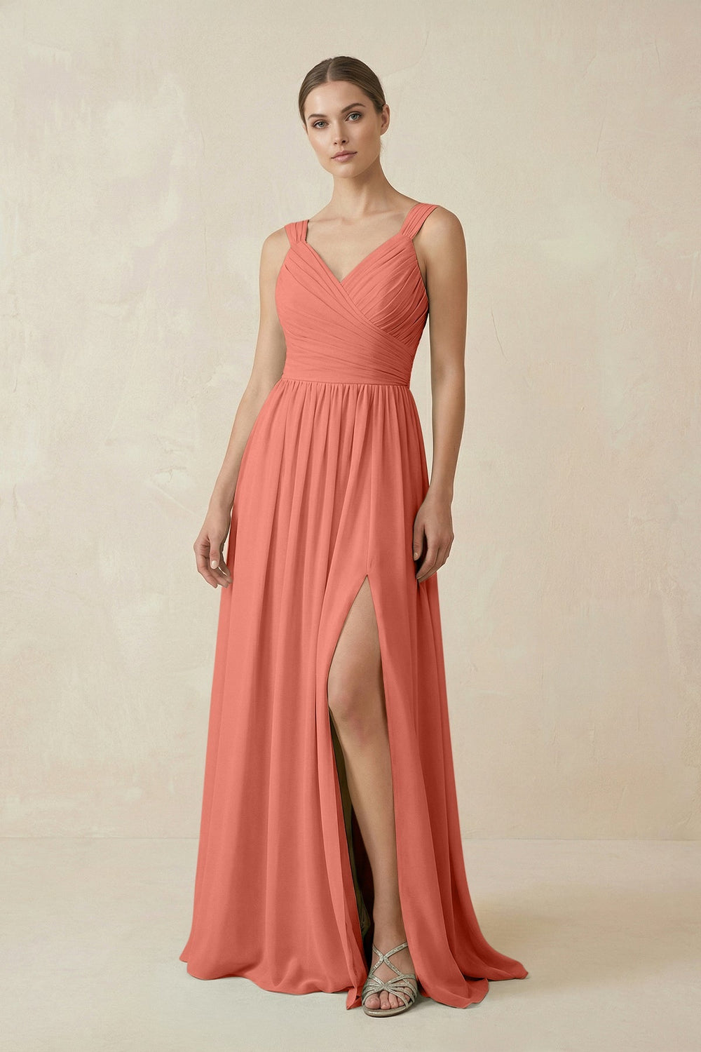 A - Line Pleated Chiffon Long Bridesmaid Dress in Wild Rose - SHE IS ME Bridesmaid Dresses