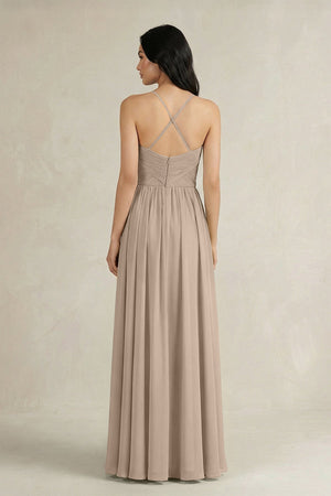 A - Line Pleated Spaghetti Strap Chiffon Bridesmaid Dress in Almond - SHE IS ME Bridesmaid Dresses