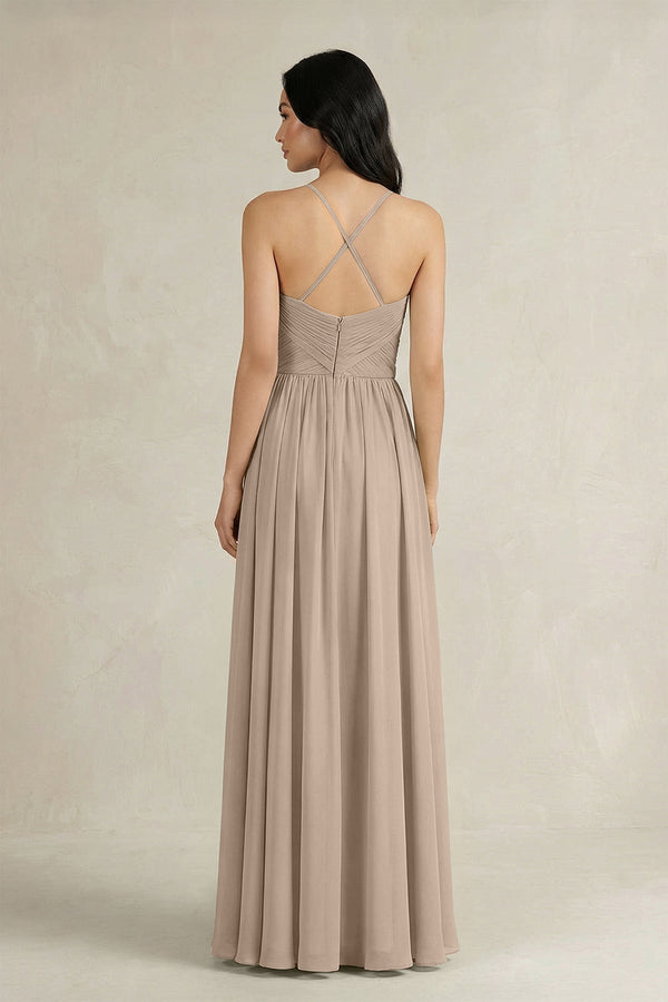 A - Line Pleated Spaghetti Strap Chiffon Bridesmaid Dress in Almond - SHE IS ME Bridesmaid Dresses